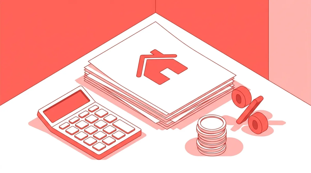 Illustration de documents fiscaux, d'une calculatrice et de pièces pour déclarer ses revenus locatifs