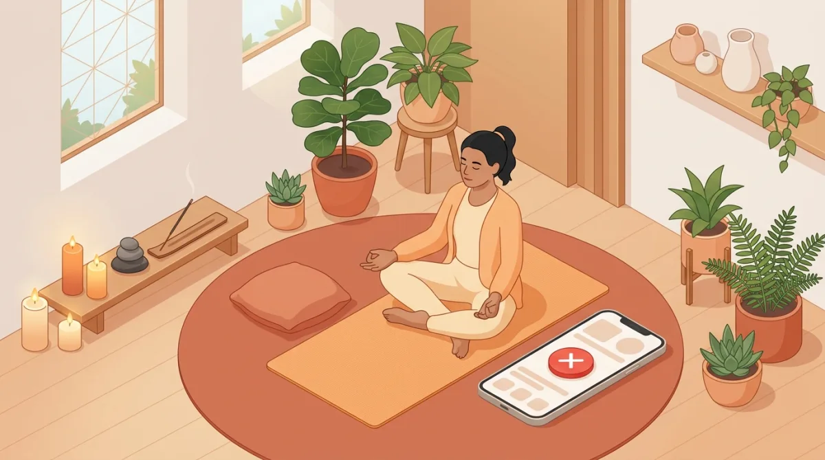 Illustration d'une scène de méditation apaisante avec un smartphone affichant un bouton d'annulation d'abonnement