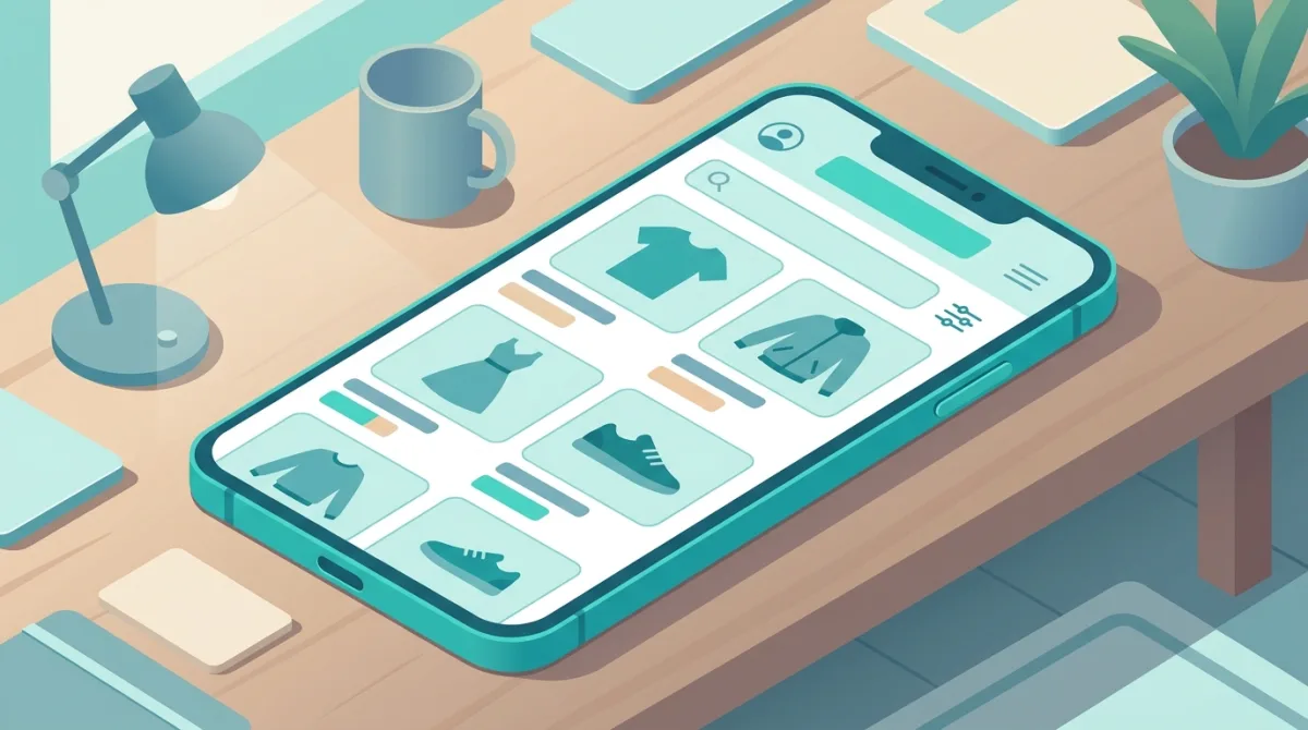 Illustration d'un smartphone affichant une appli de vente de vetements d'occasion