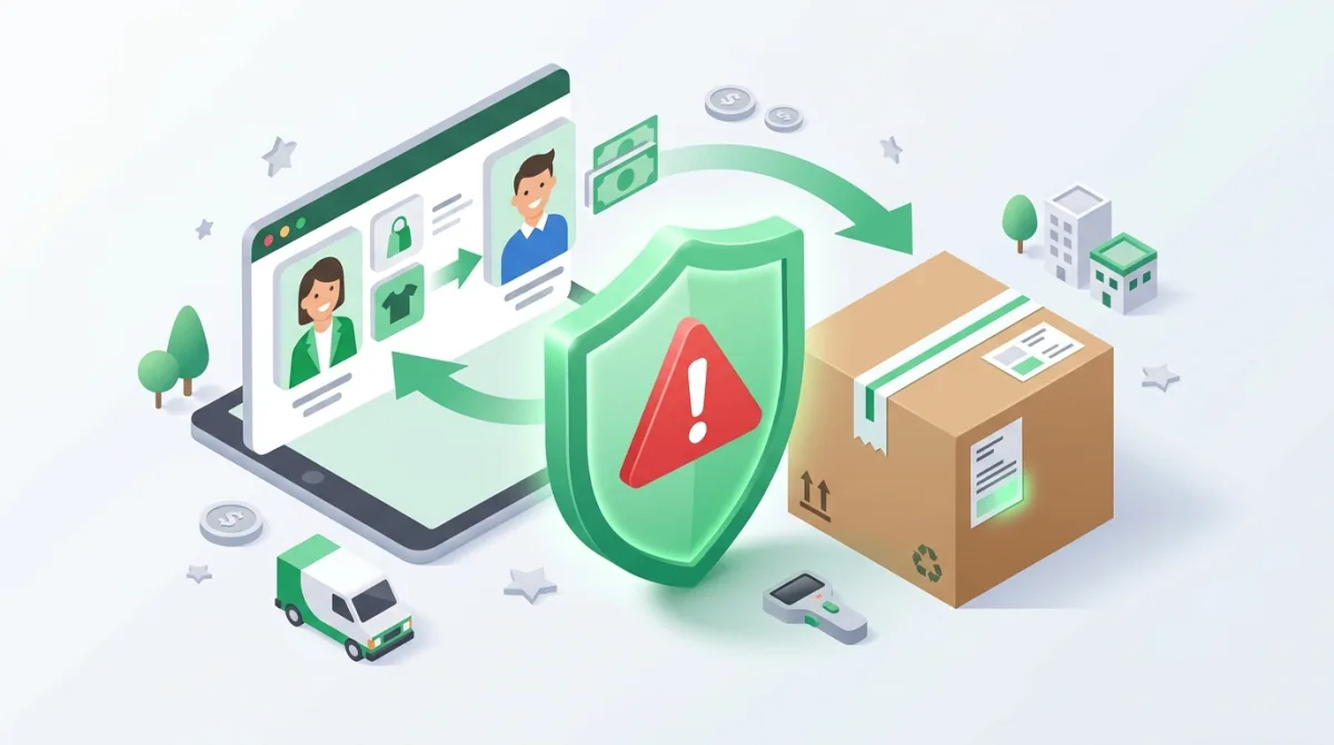 Bouclier de sécurité avec un panneau d'alerte à côté d'un colis, symbolisant l'achat-vente sécurisé d'occasion en ligne
