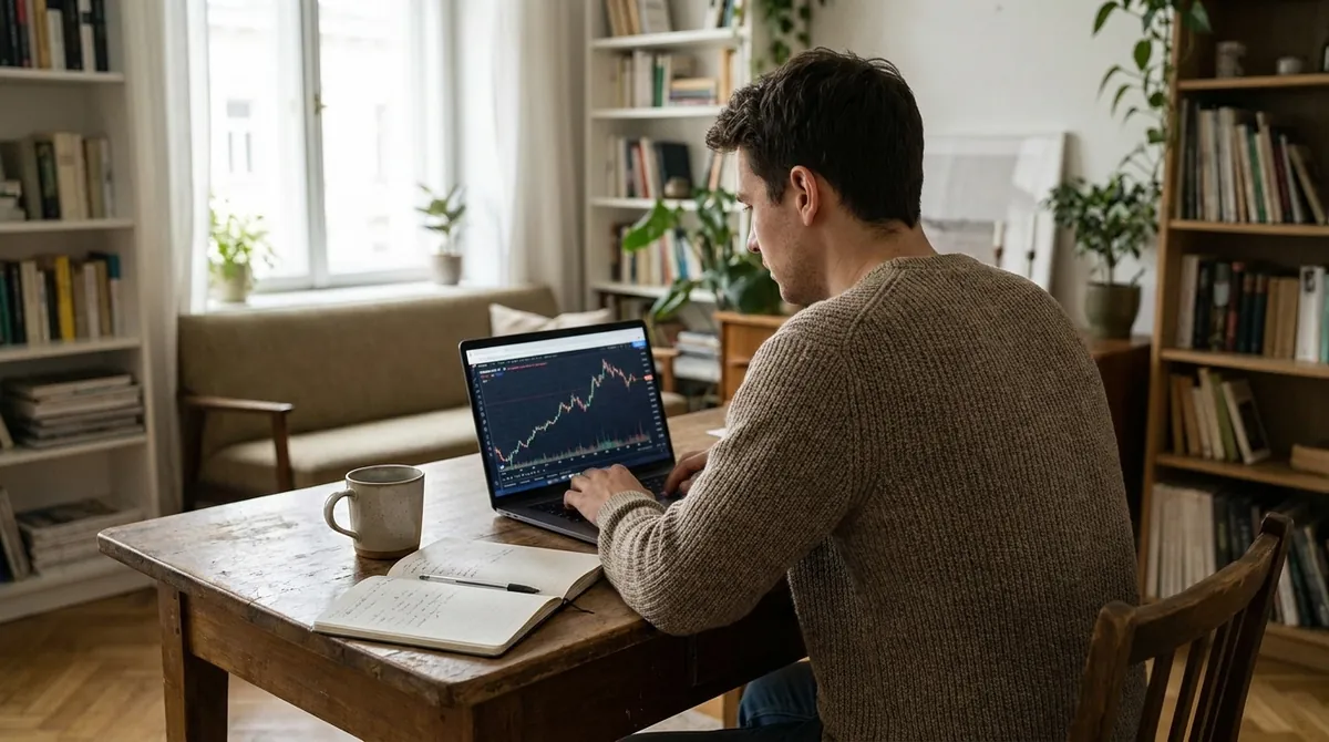 Investisseur qui consulte un graphique boursier sur un ordinateur portable posé sur un bureau en bois