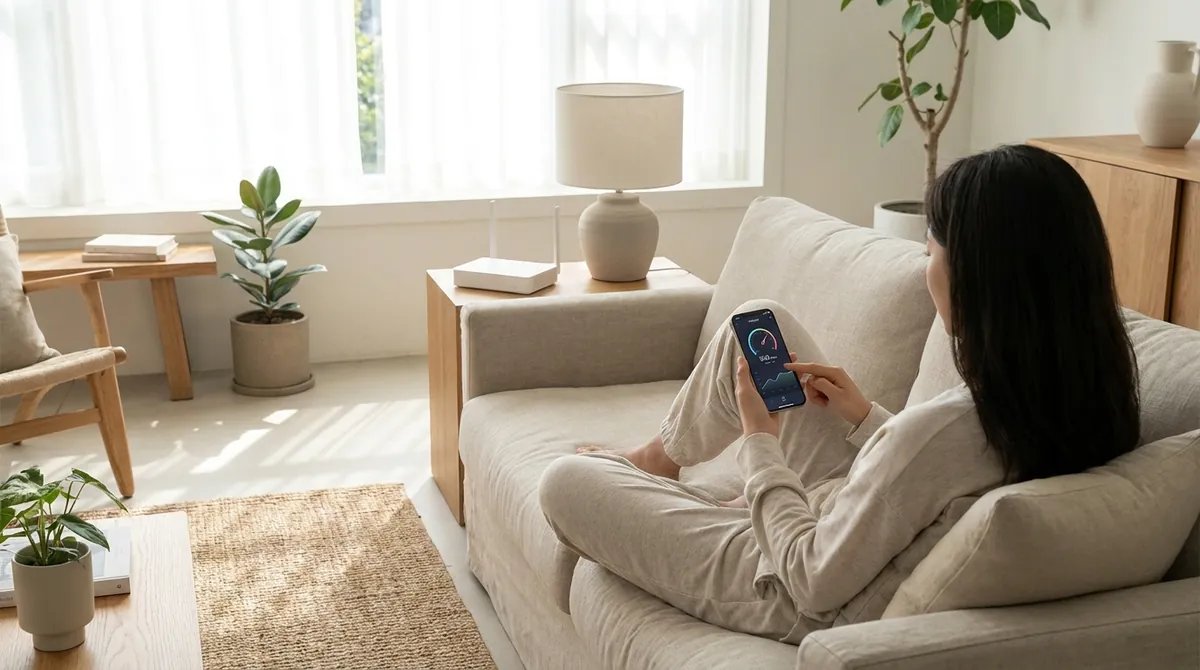 Personne qui mesure le débit de sa connexion sur un smartphone, assise près d'une box internet dans un salon lumineux