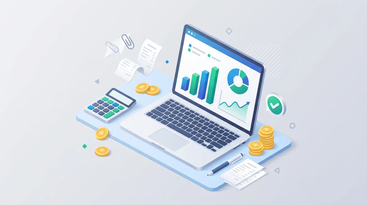 Illustration isométrique d'un tableau de bord de comptabilité avec calculatrice et graphiques