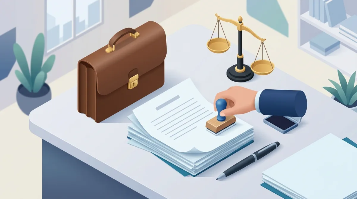 Illustration isométrique de création d'entreprise avec documents juridiques et tampon