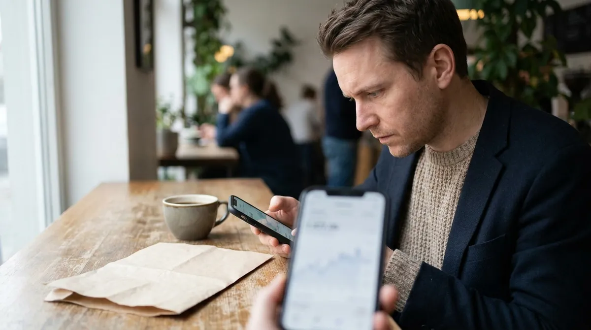 Personne qui consulte une application bancaire sur son smartphone à une table de café, à côté d'un relevé de compte papier