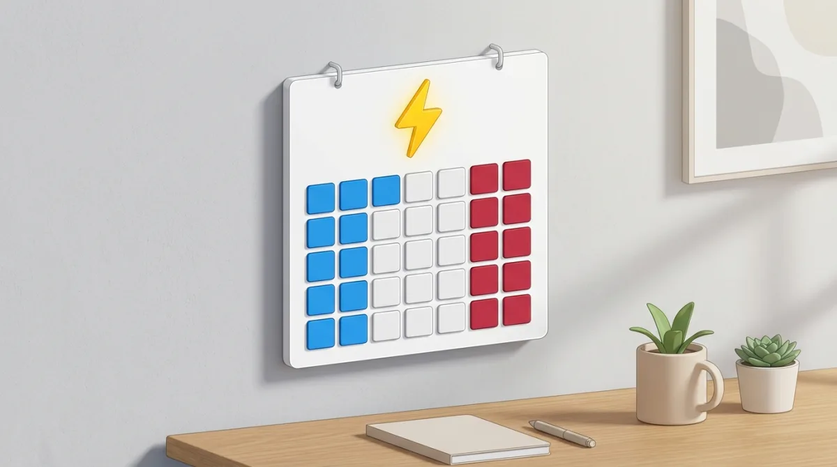 Calendrier avec des jours colorés en bleu, blanc et rouge et un éclair