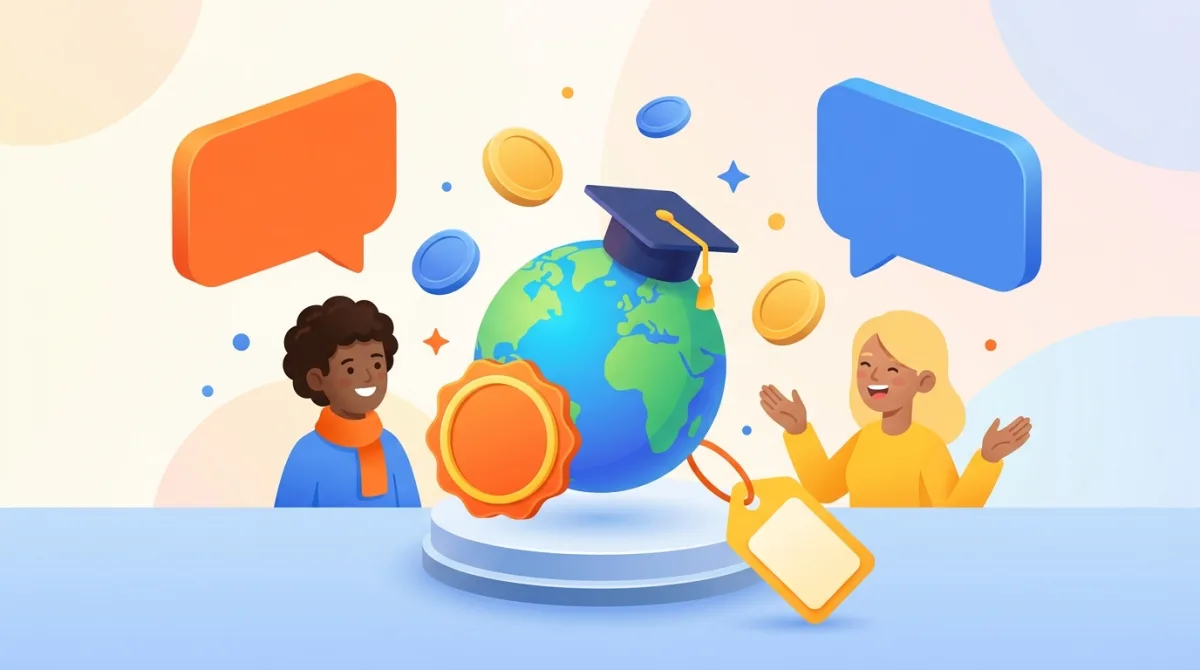 Illustration d'apprentissage des langues avec bulles de dialogue, globe, chapeau de diplômé et étiquette de prix