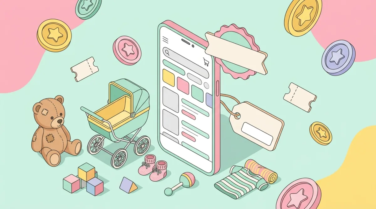Illustration d'articles de puériculture d'occasion sur une appli mobile avec pièces et étiquette de prix