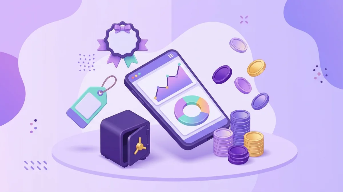 Illustration de gestion de patrimoine avec graphiques violets sur smartphone, coffre-fort et pièces empilées
