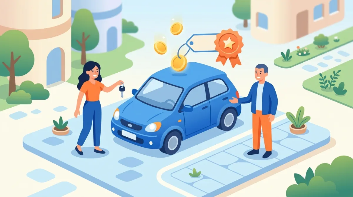 Illustration d'une location de voiture entre particuliers avec remise de clé, pièces et étiquette de prix