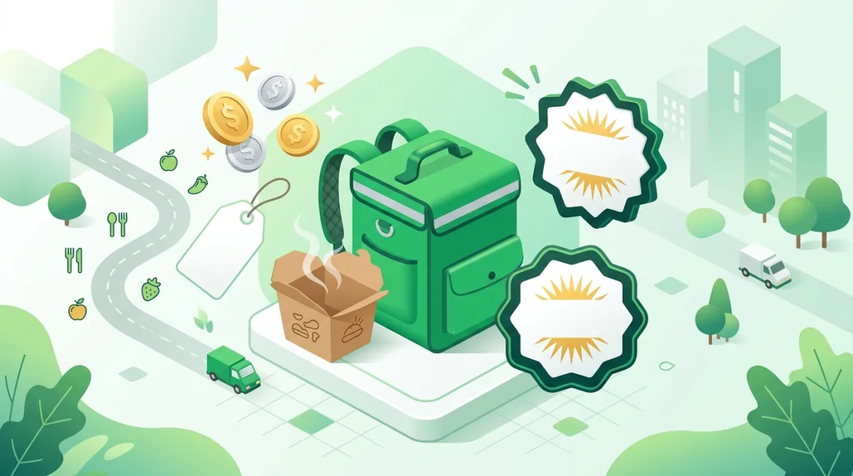 Illustration d'un sac de livraison de repas vert avec un plat, des pièces et une étiquette de prix