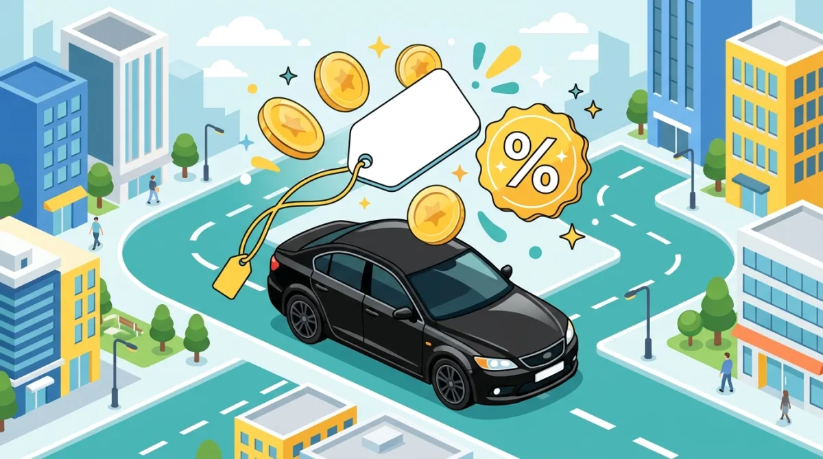 Illustration d'une berline noire de VTC avec des pièces, une étiquette de prix et un badge de réduction
