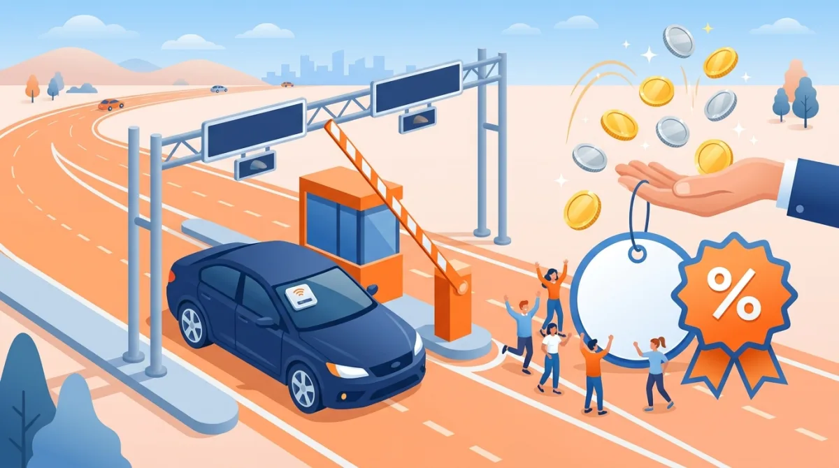 Illustration d'un badge de télépéage sur une voiture à une barrière d'autoroute avec pièces et badge de réduction