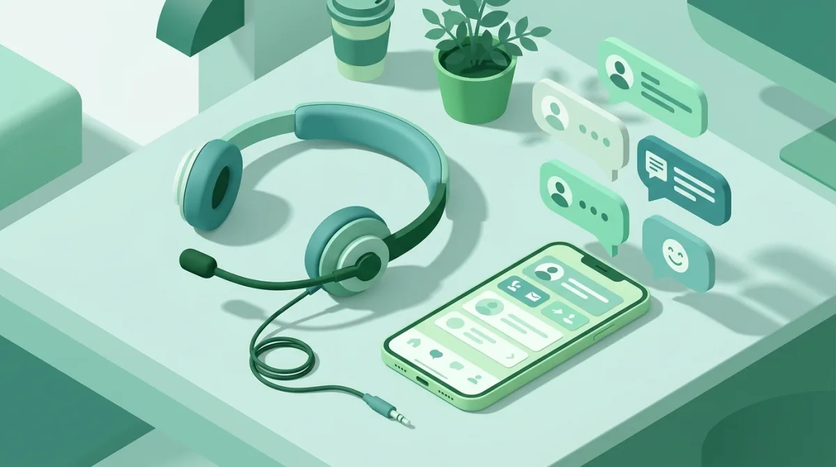 Casque de support client à côté d'un smartphone et de bulles de discussion sur fond vert