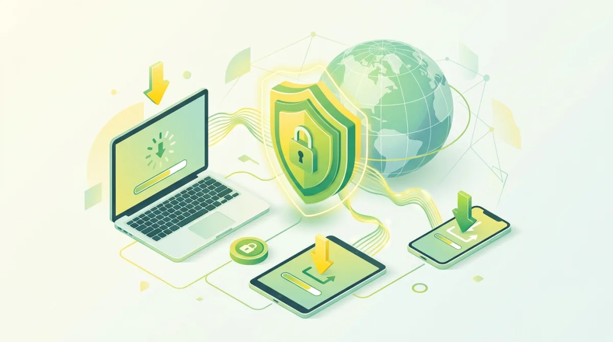 Illustration d'un bouclier VPN avec un globe et plusieurs appareils en téléchargement