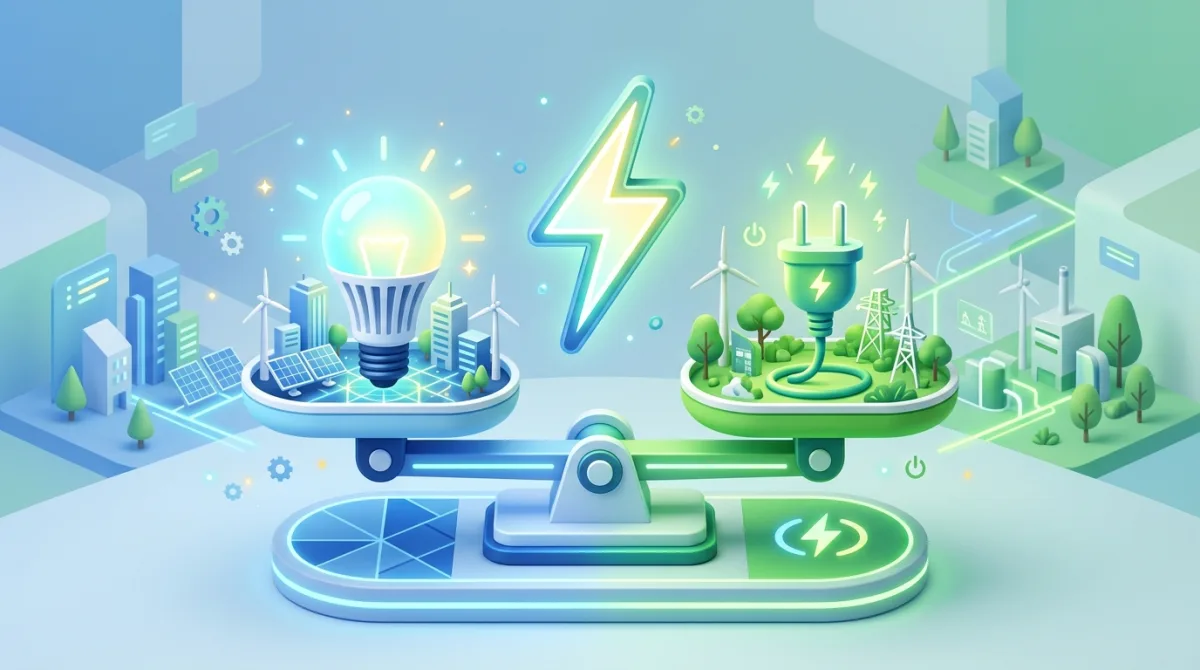 Comparaison de deux fournisseurs d'énergie avec une ampoule, une prise et un éclair posés sur une balance