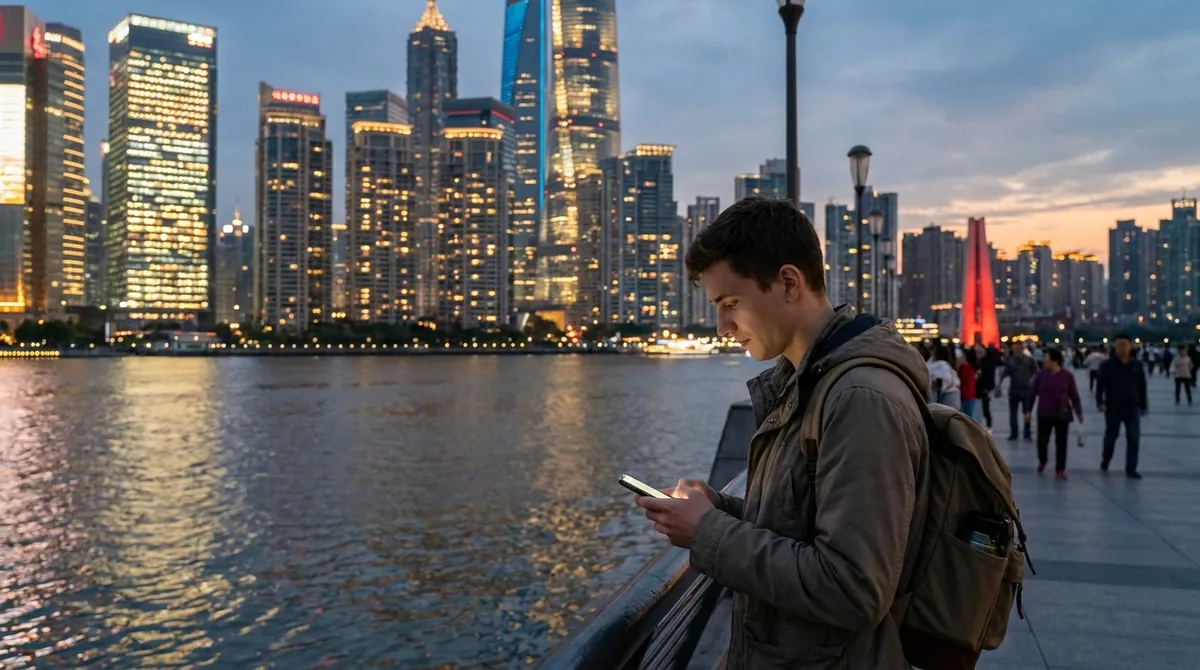 Voyageur qui consulte son smartphone sur une promenade au bord du fleuve, face à des gratte-ciel illuminés en Chine le soir