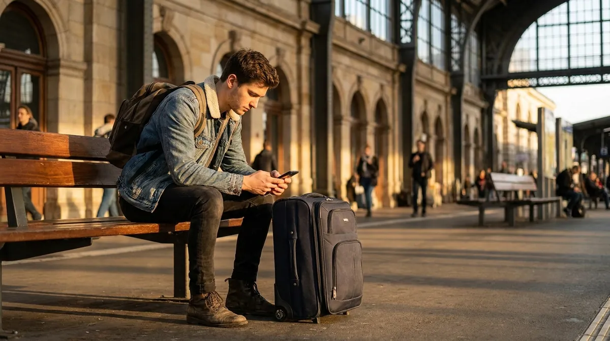 Voyageur qui consulte son smartphone sur un quai de gare européen en fin de journée, valise à la main