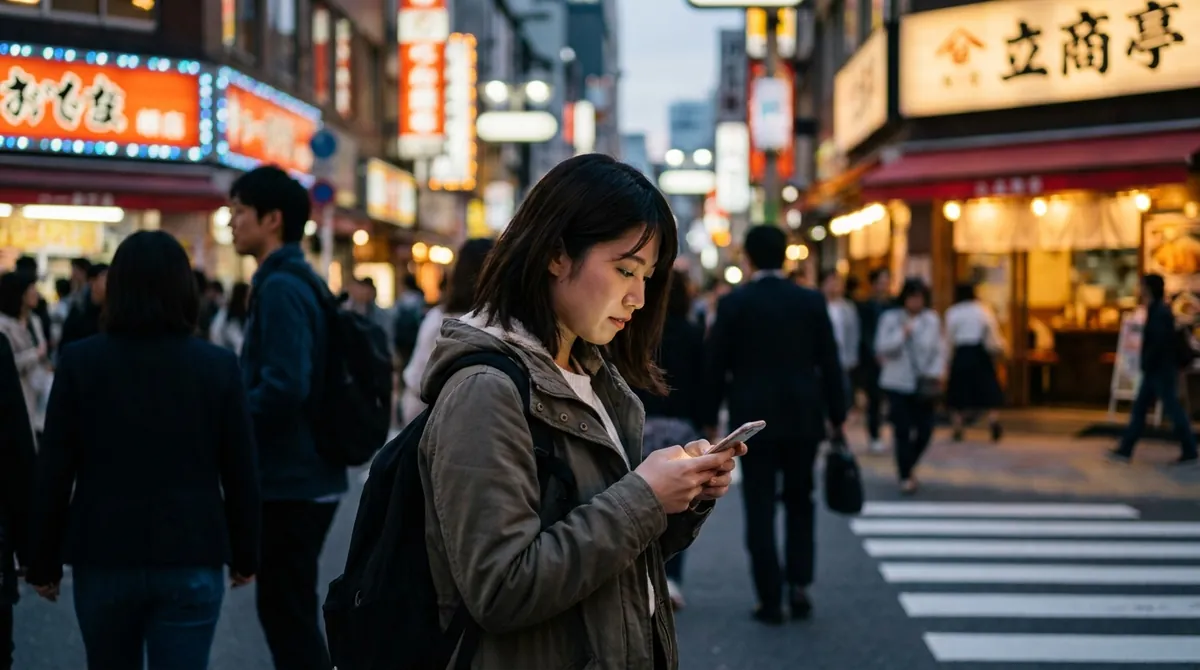 Voyageuse qui consulte un plan sur son smartphone dans une rue animée de Tokyo à la tombée de la nuit