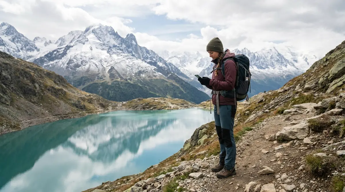 Randonneuse qui consulte son smartphone sur un sentier de montagne au-dessus d'un lac alpin