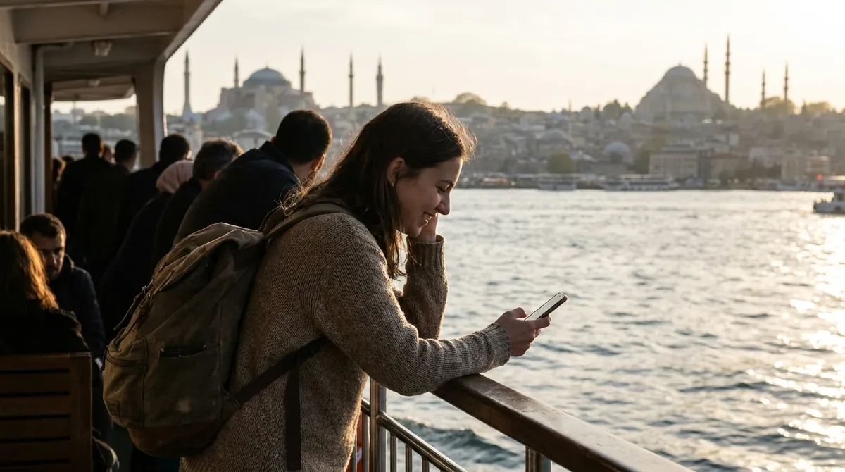 Voyageuse qui consulte son smartphone sur le pont d'un ferry, avec les dômes et minarets d'Istanbul en arrière-plan