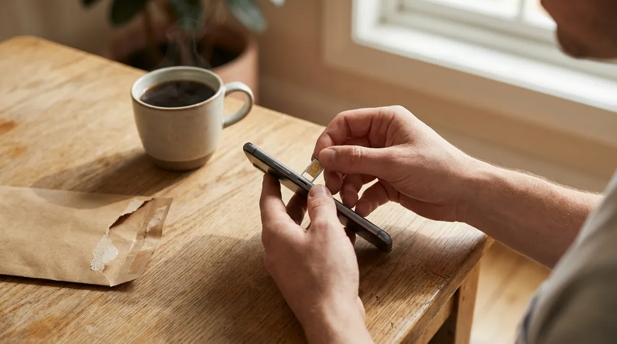 Personne qui insère une nouvelle carte SIM dans son smartphone, posée sur une table en bois à côté d'une enveloppe ouverte