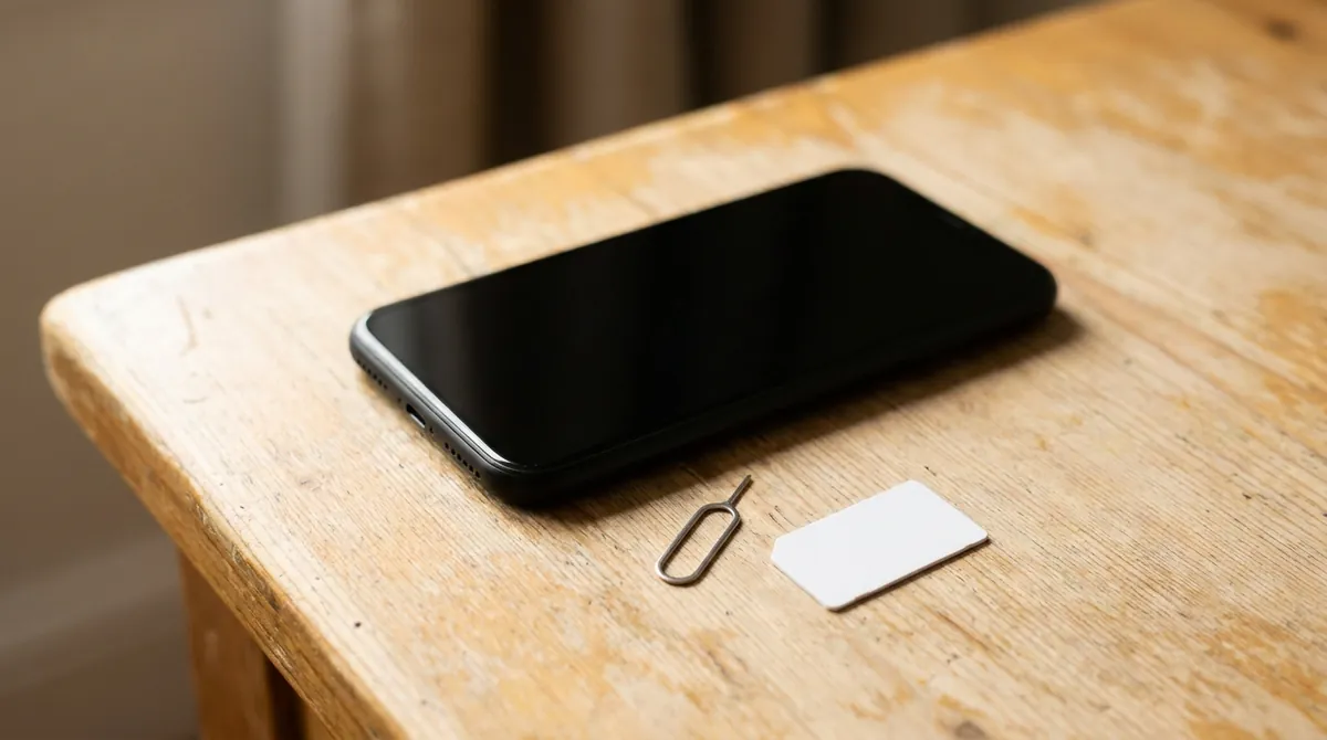 Smartphone posé sur une table en bois à côté d'une carte SIM et de l'outil pour ouvrir le tiroir SIM