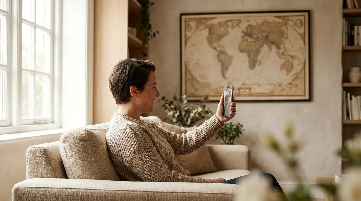 Personne assise dans un salon qui passe un appel vidéo sur son smartphone, une carte du monde au mur derrière elle