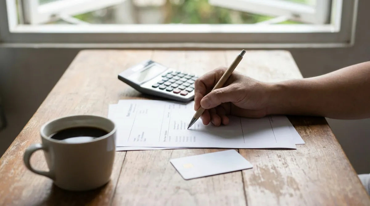 Relevé de compte imprimé avec une calculatrice, un stylo et une carte bancaire sans marque posés sur un bureau