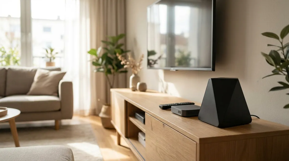 Boîtier internet noir aux formes anguleuses posé sur un meuble TV en bois, à côté d'un petit décodeur et d'une télécommande, dans un salon éclairé par la lumière du jour