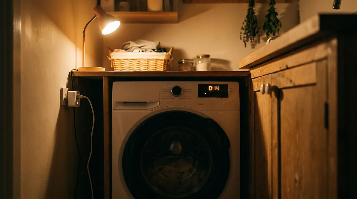 Lave-linge programmé qui tourne la nuit dans une buanderie éclairée par une petite lampe