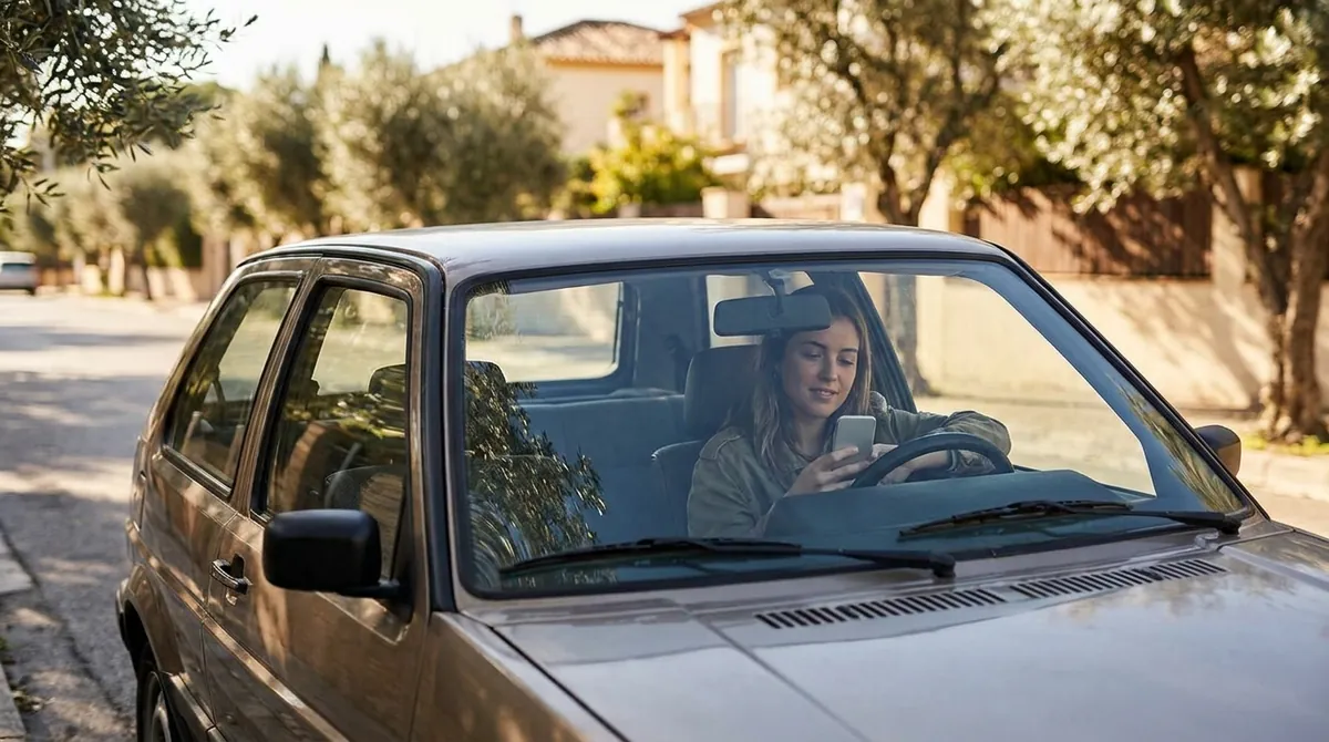 Conductrice assise au volant d'une petite citadine garée, qui consulte un document sur son smartphone