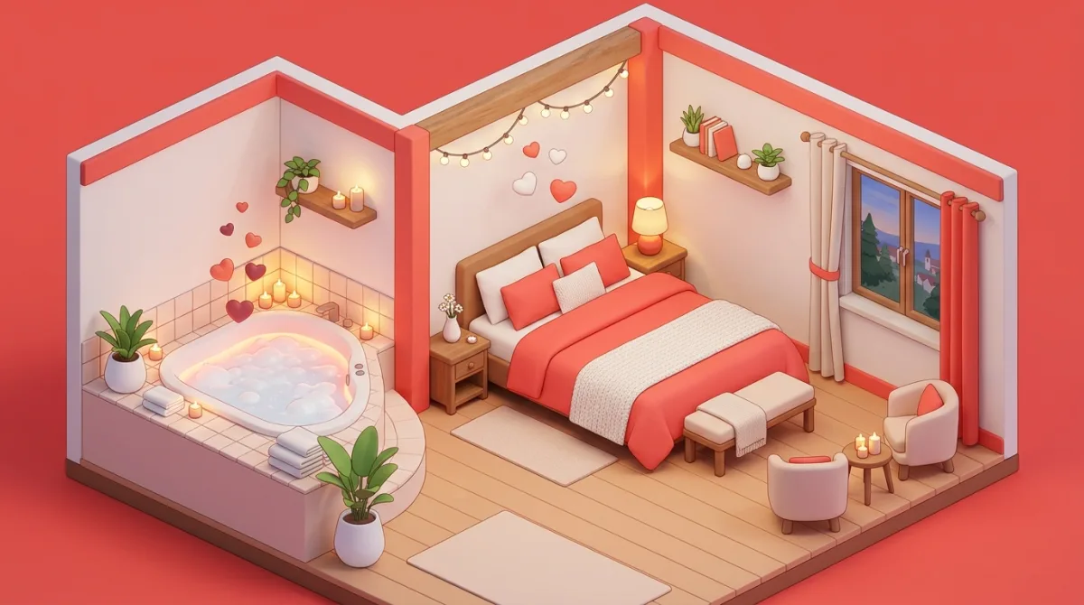 Illustration d'une chambre romantique avec jacuzzi privatif et coeurs