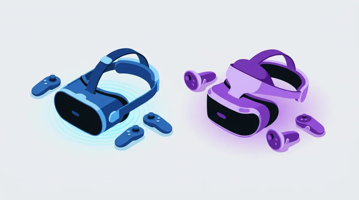 Deux casques de réalité virtuelle côte à côte, l'un bleu et l'autre violet, pour comparer deux modèles