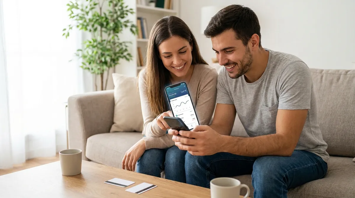 Couple assis côte à côte sur un canapé qui consulte ensemble une application bancaire sur un smartphone