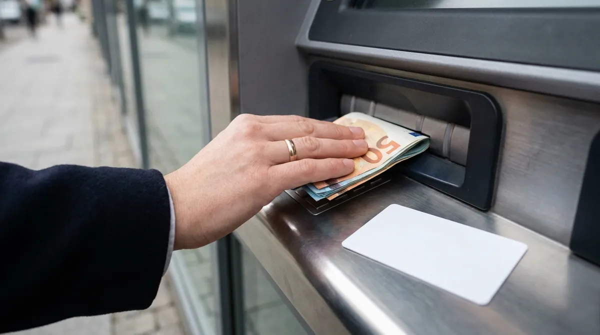 Main qui insère des billets dans la fente de dépôt d'un automate bancaire, carte bancaire posée sur le rebord
