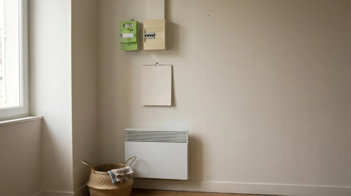 Tableau électrique d'une maison avec un compteur communicant vert, à côté d'un calendrier mural et d'un radiateur