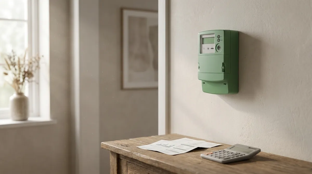 Compteur électrique communicant fixé au mur d'une entrée, à côté d'une facture d'énergie posée sur une console