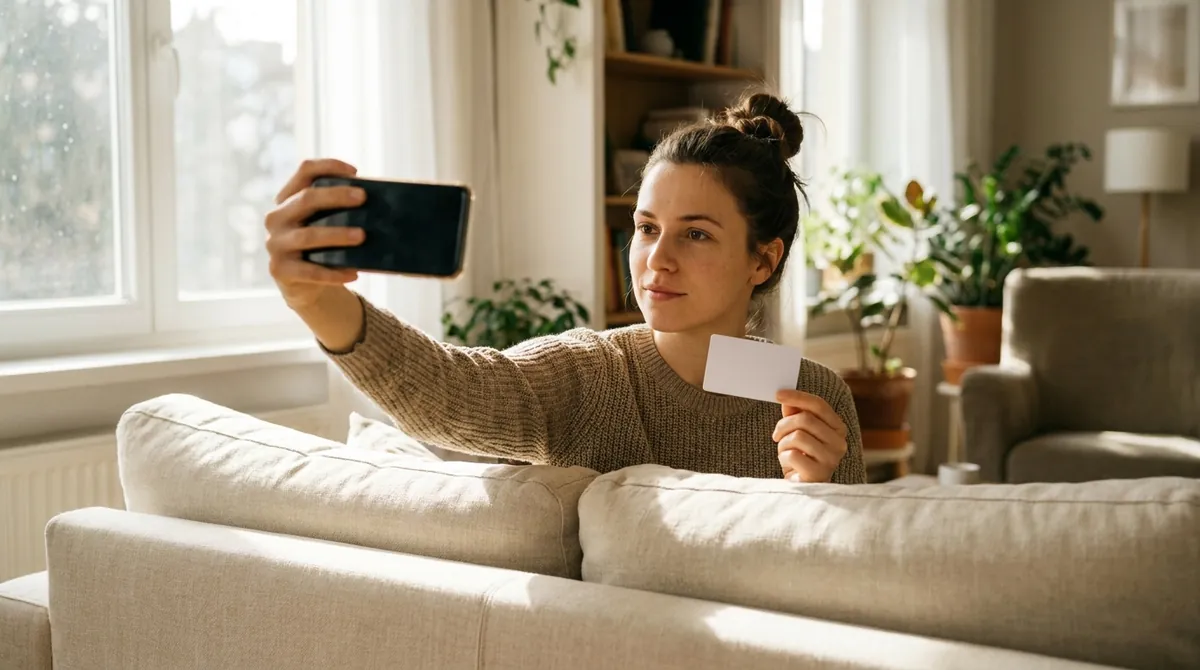Personne assise sur un canapé qui vérifie son identité sur son smartphone en tenant sa pièce d'identité