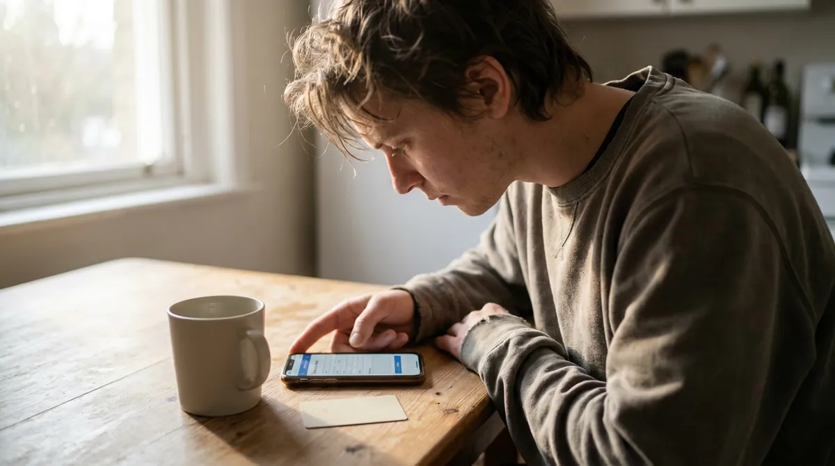 Personne assise à une table de cuisine qui remplit une demande d'ouverture de compte bancaire sur son smartphone