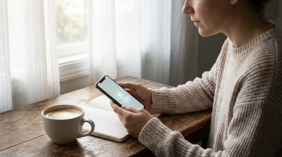 Personne qui consulte un graphique d'épargne en hausse sur son smartphone, assise près d'une fenêtre