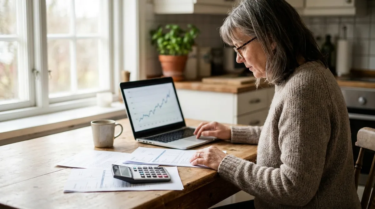 Personne d'une cinquantaine d'années qui étudie des documents de retraite avec une calculatrice à une table de cuisine