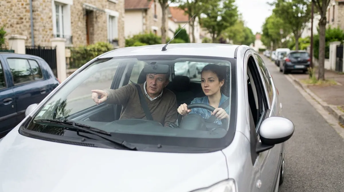 Jeune conductrice au volant d'une voiture d'auto-école à double commande, son moniteur assis à côté d'elle, dans une rue calme