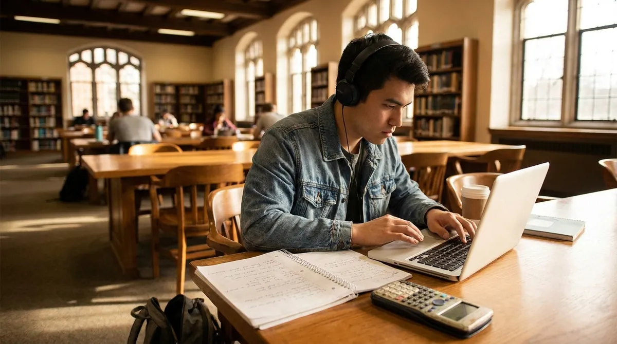 Étudiante qui travaille sur un ordinateur portable à une table de bibliothèque universitaire, avec des cahiers ouverts