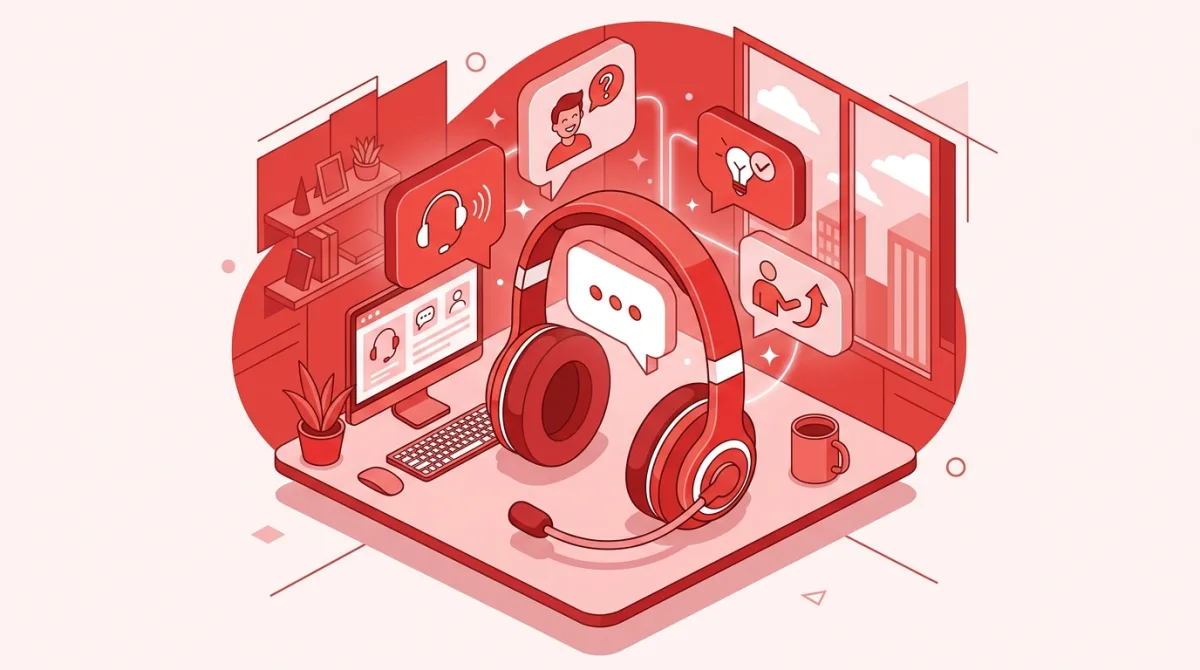 Illustration d'un casque de support client entouré de bulles de discussion