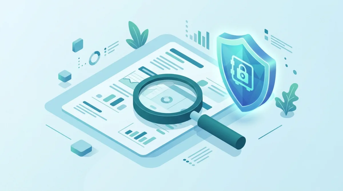 Illustration d'un relevé bancaire inspecté à la loupe avec un bouclier de sécurité