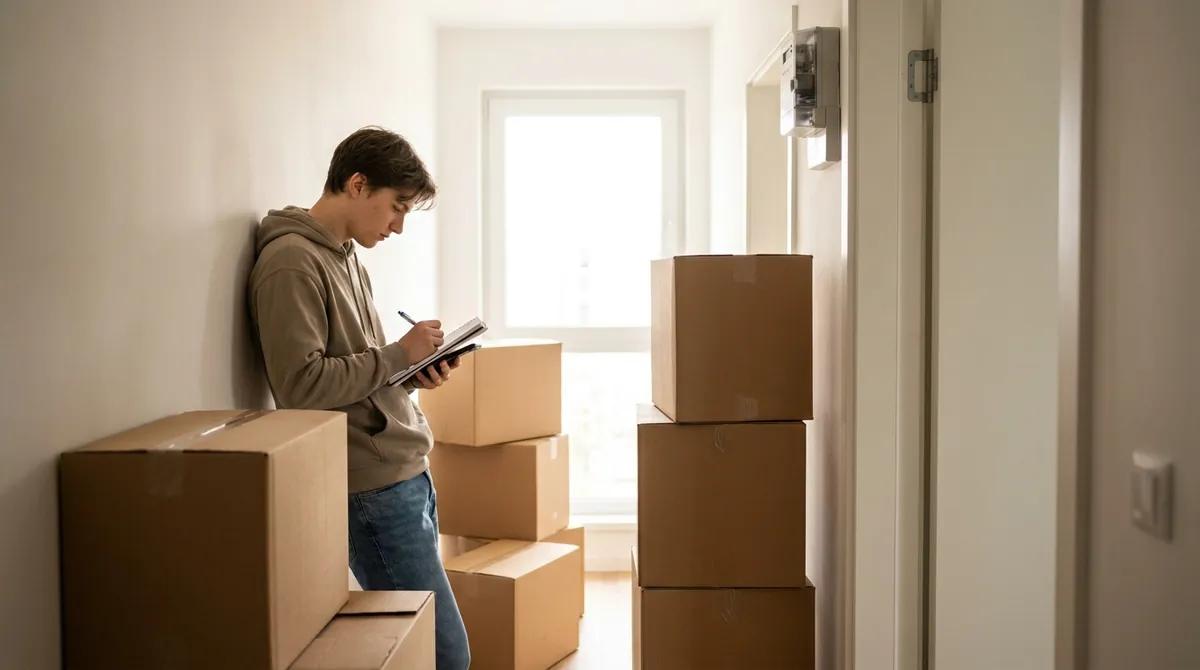 Personne qui relève l'index d'un compteur électrique dans l'entrée d'un appartement entouré de cartons de déménagement