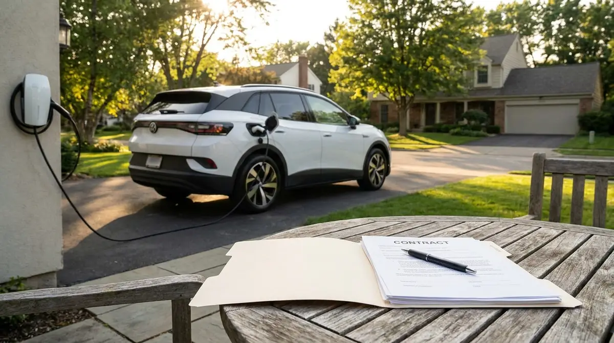 SUV électrique blanc garé dans l'allée d'une maison, câble de recharge branché, avec un dossier de contrat posé sur une table de jardin