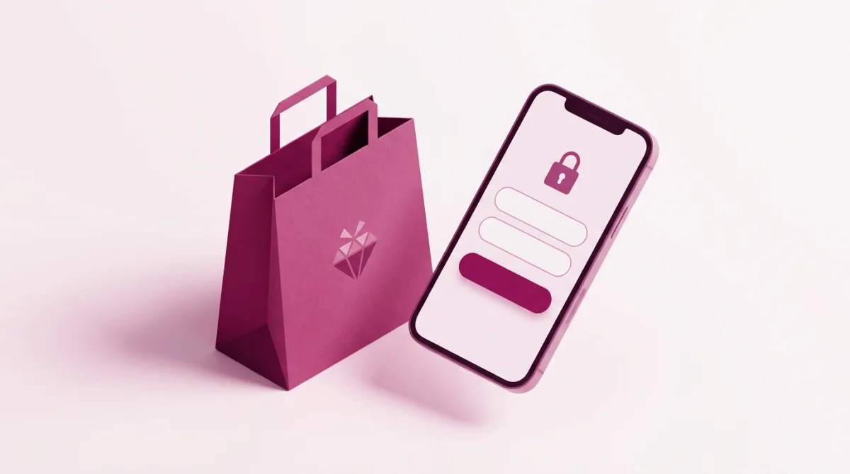 Illustration d'un sac de shopping de ventes privées et d'un écran de connexion sur smartphone