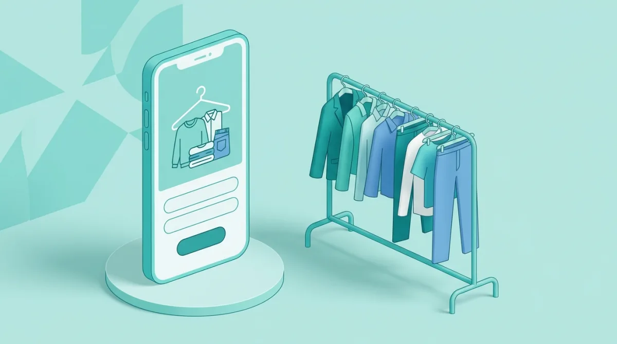 Smartphone affichant une appli de mode d'occasion à côté d'un portant de vêtements sur fond turquoise